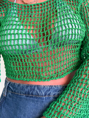 Mesh crochet green flare sleeve long sleeve top (M/L)