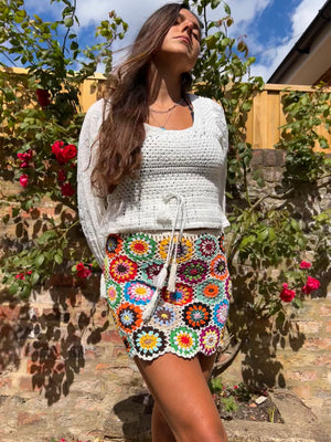 Mini Meadow White Floral Crochet Skirt