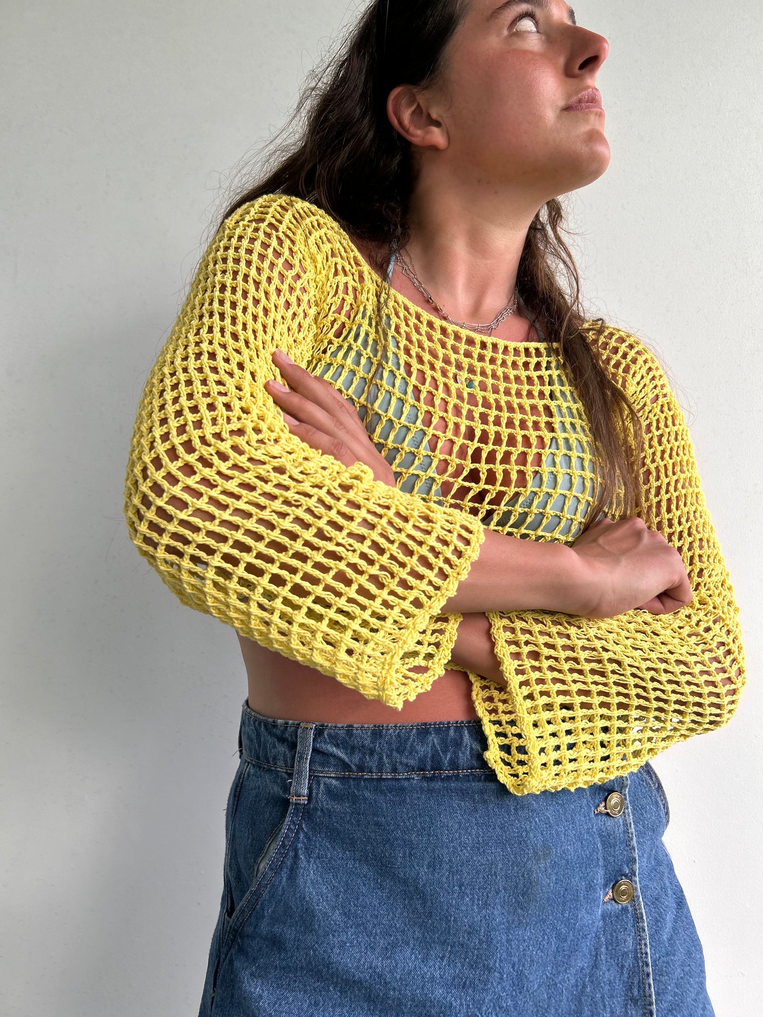Yellow crochet flare sleeve long sleeve top (M/L)