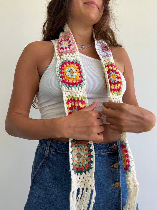 Granny Square crochet mini scarf with tassels