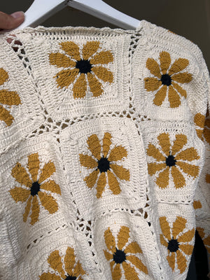 Retro Flower Power in Cream Crochet Cardigan