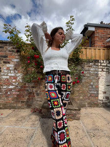 Black Granny square flare trousers with drawstring waist L/XL