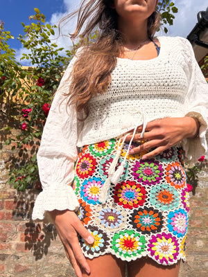 Mini Meadow White Floral Crochet Skirt