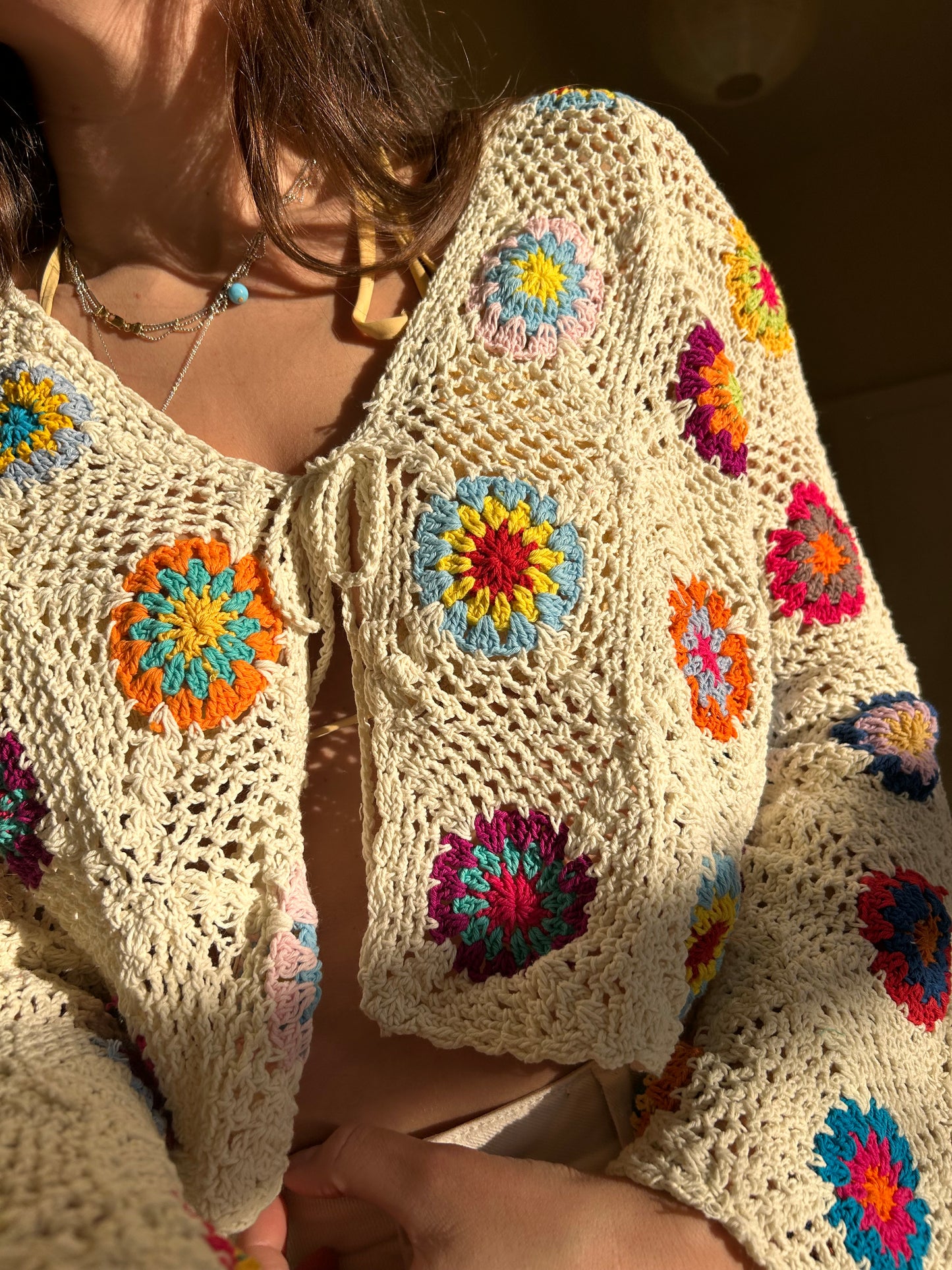 Cupid Granny Square Crochet Cardigan with tassel tie