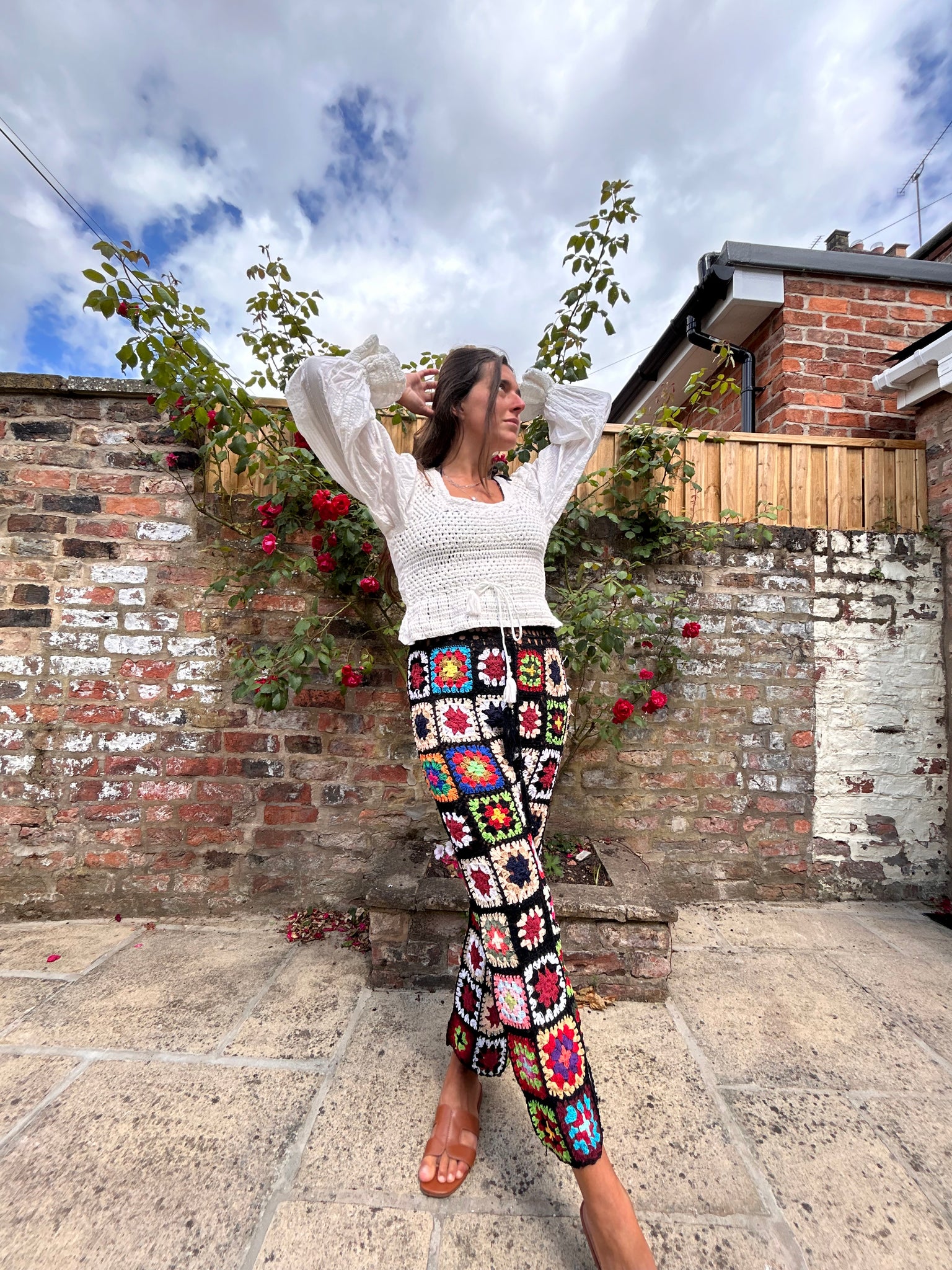 Black Granny square flare trousers with drawstring waist L/XL