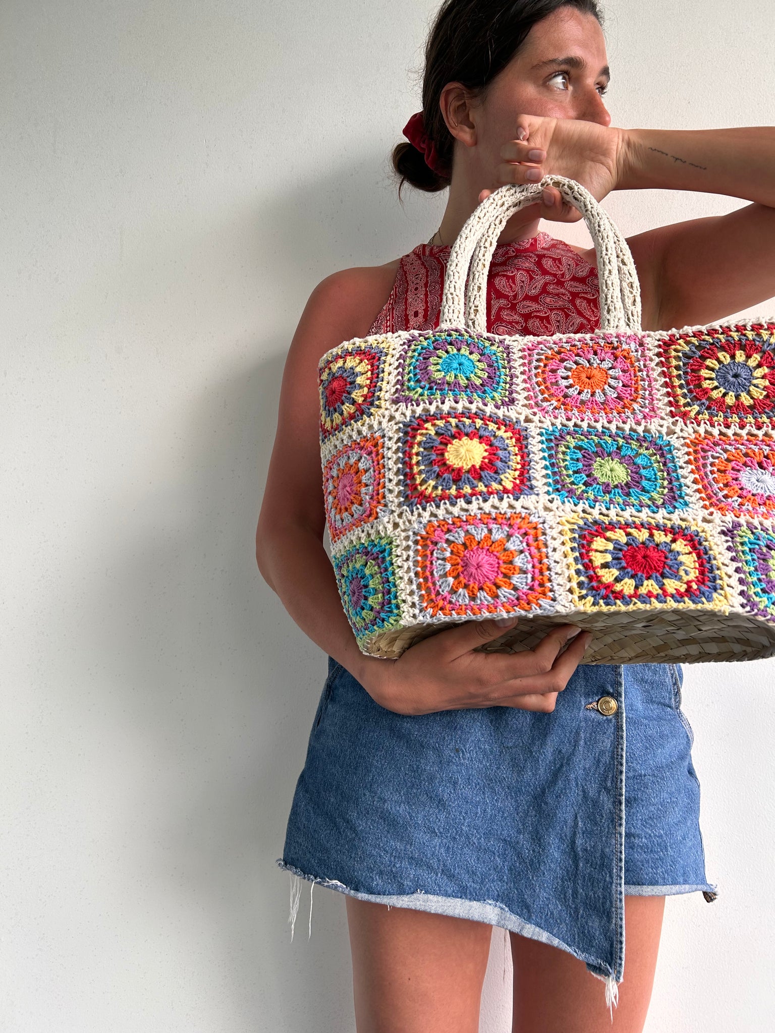 Crochet wicker tote beach bag (rounder)
