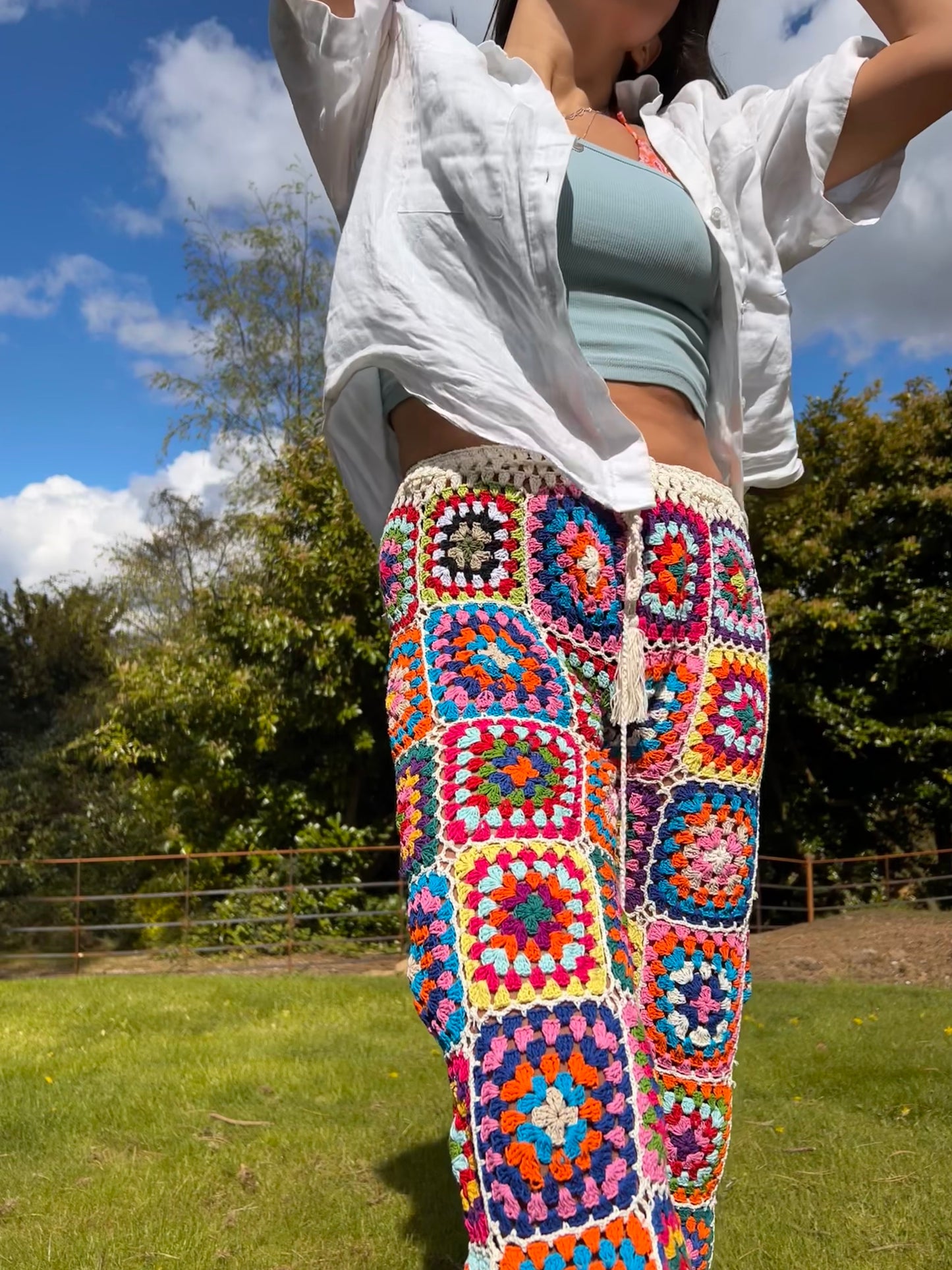 Granny square flare trousers with drawstring waist