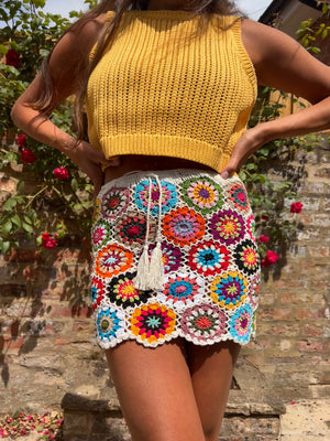 Mini Meadow White Floral Crochet Skirt