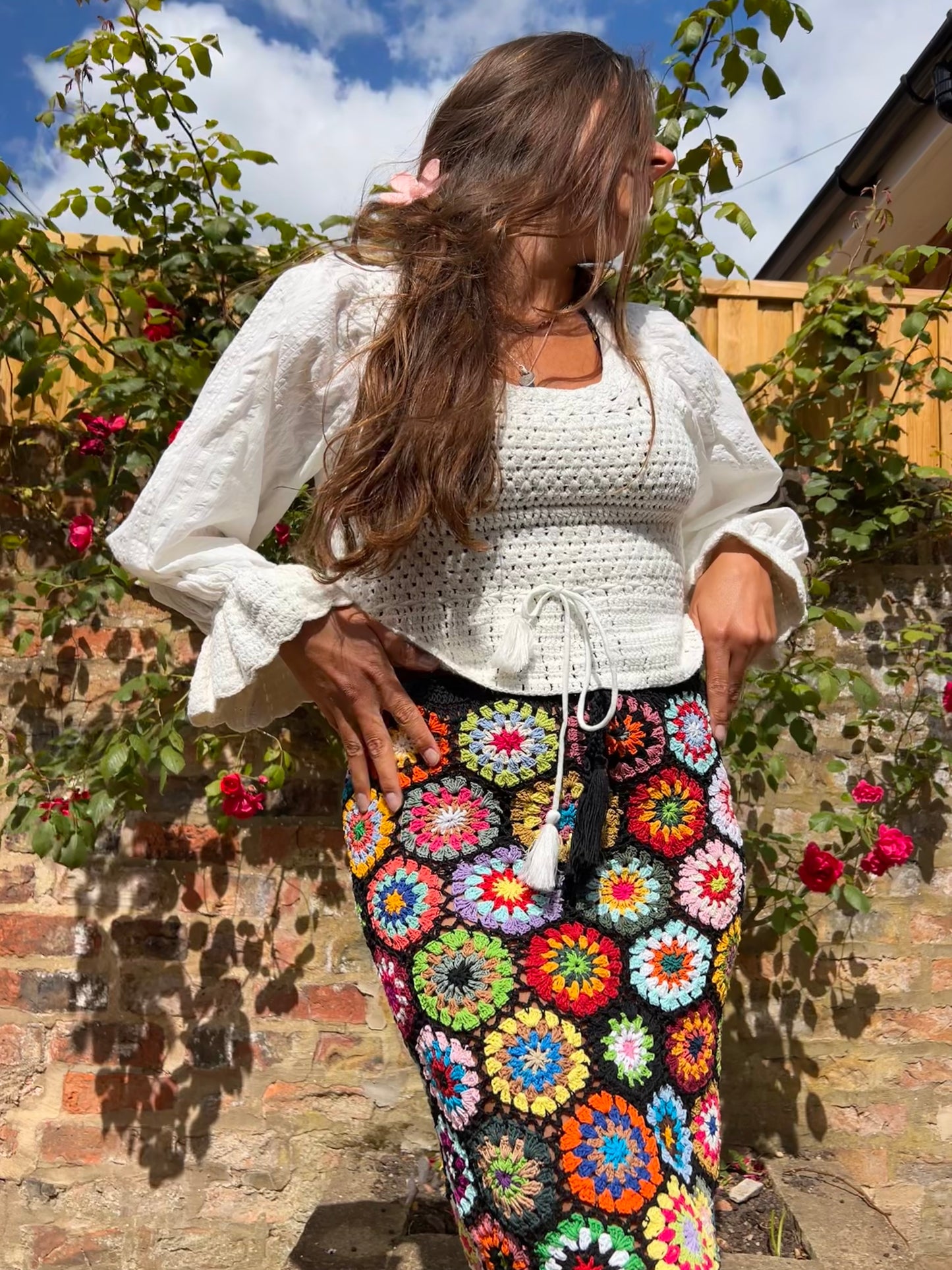 Midi Meadow in Black Floral Crochet Skirt