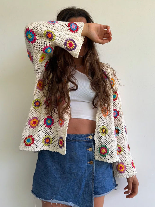 Delilah Slouchy White Floral Crochet Cardigan