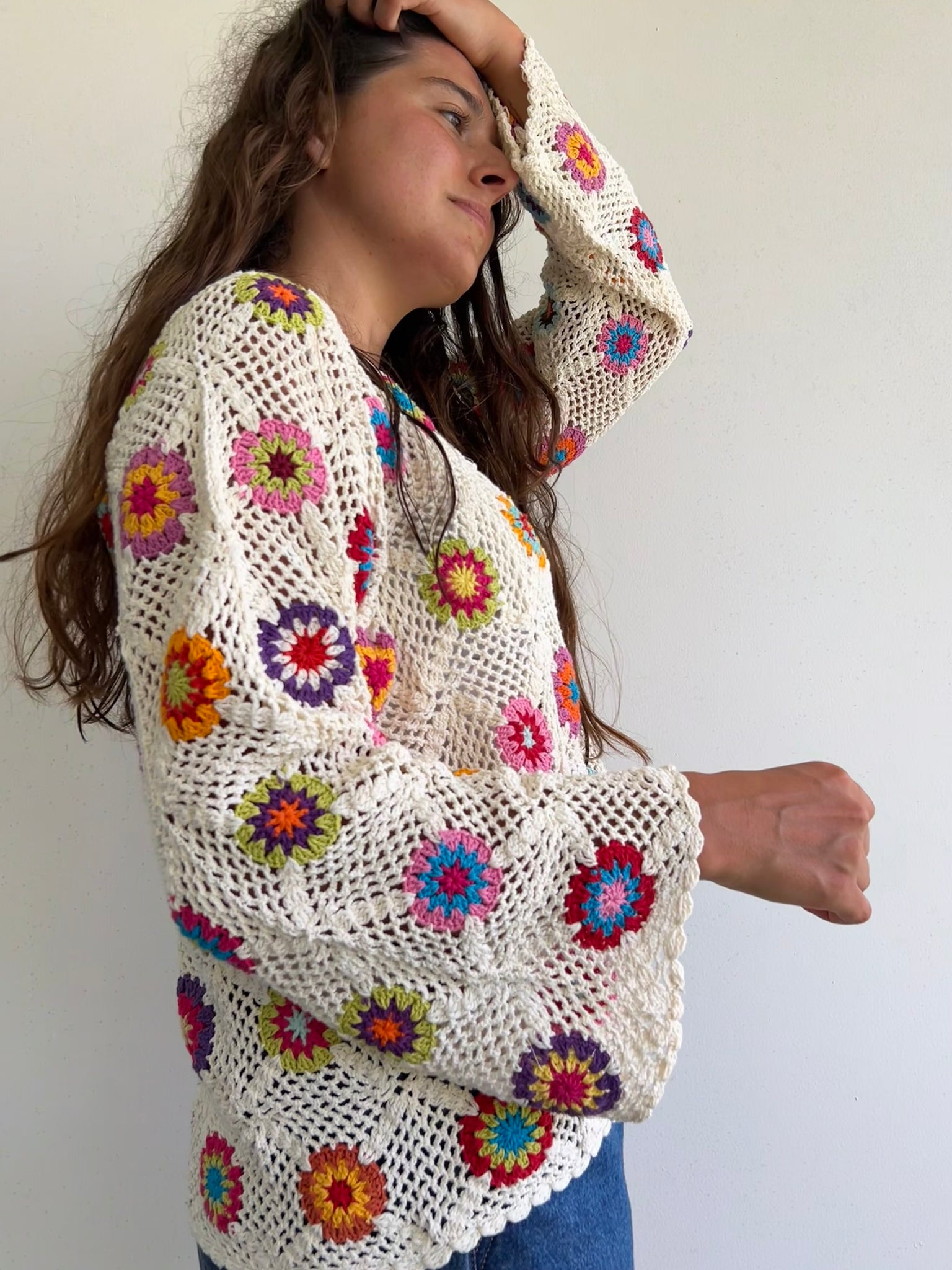 Delilah Slouchy White Floral Crochet Cardigan
