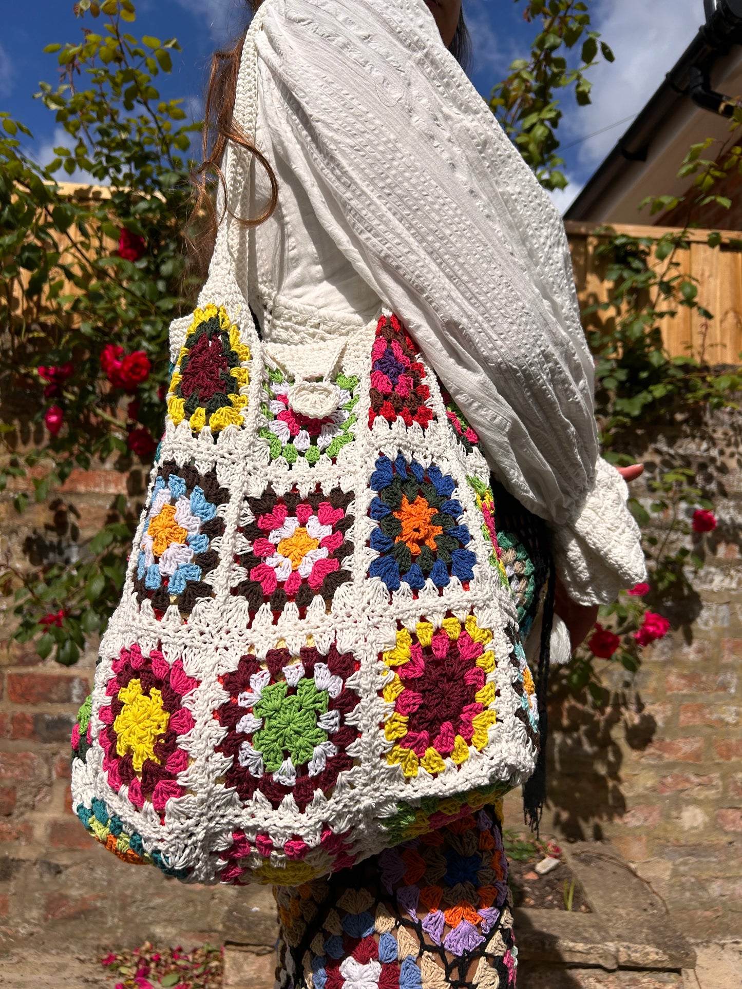 Granny Square Tote Bag with button