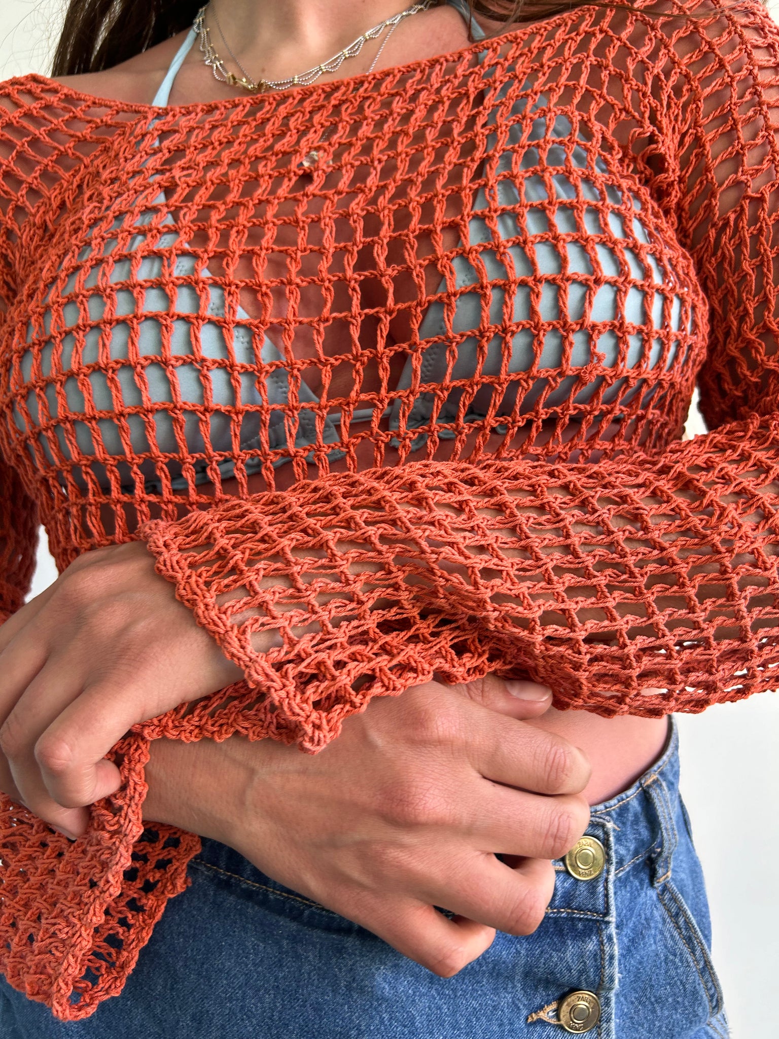 Burnt orange mesh crochet flare sleeve long sleeve top (M/L)