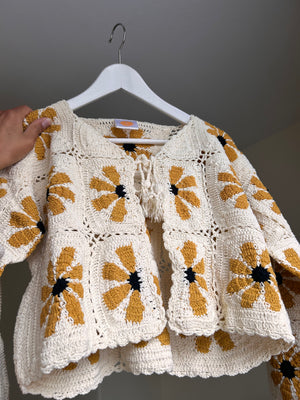 Retro Flower Power in Cream Crochet Cardigan