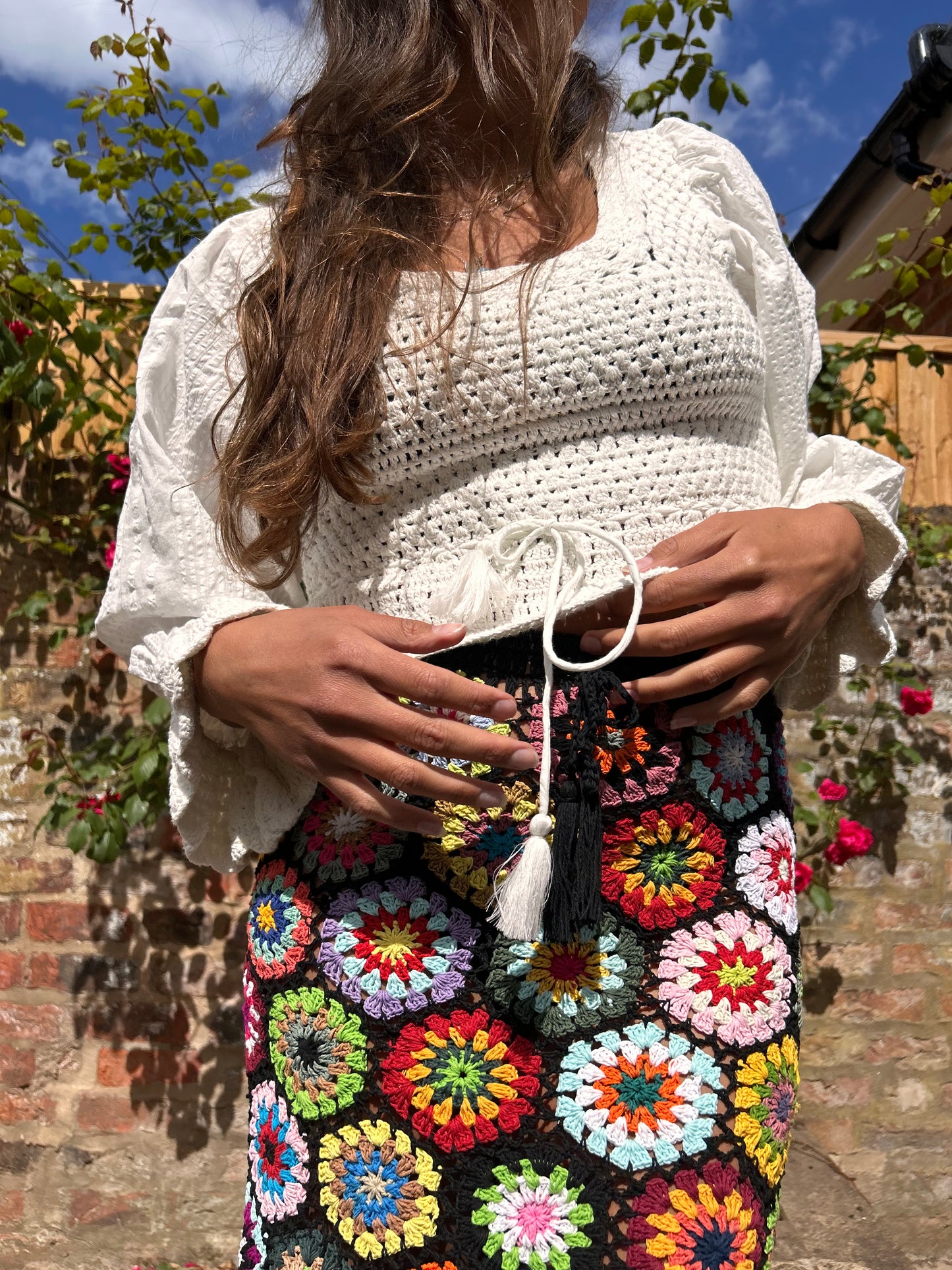 Midi Meadow in Black Floral Crochet Skirt