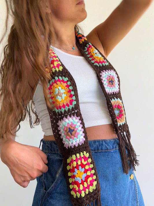 Granny Square crochet mini scarf with tassels