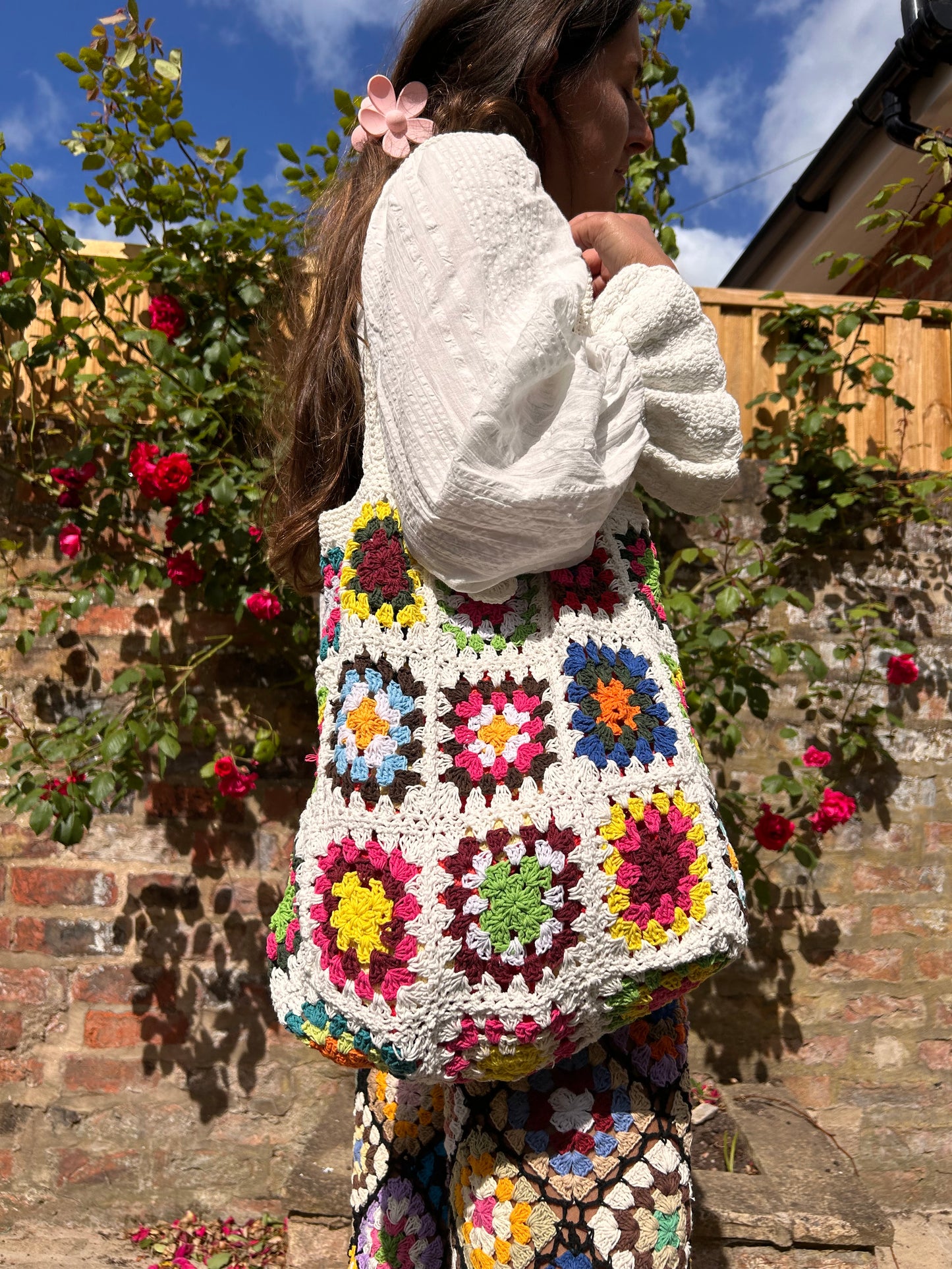 Granny Square Tote Bag with button