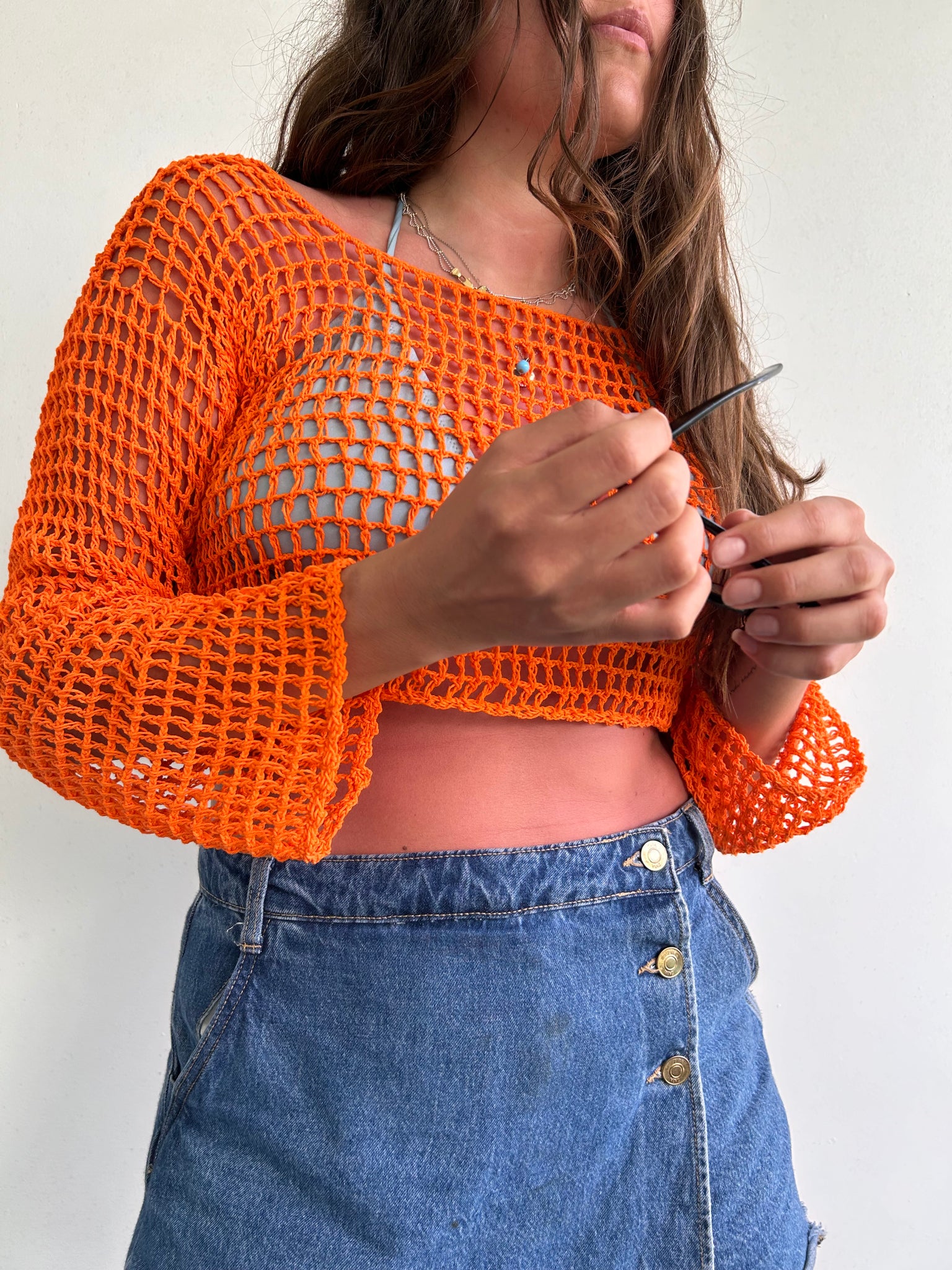 Orange mesh crochet flare sleeve long sleeve top (M/L)