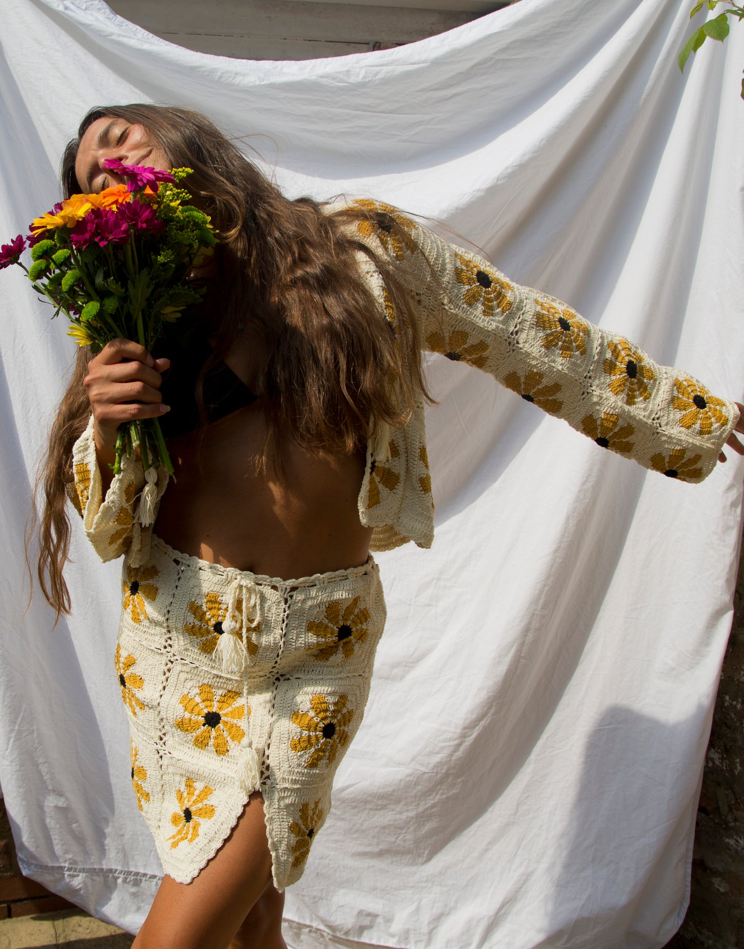 Retro Flower Power in Cream Crochet Cardigan