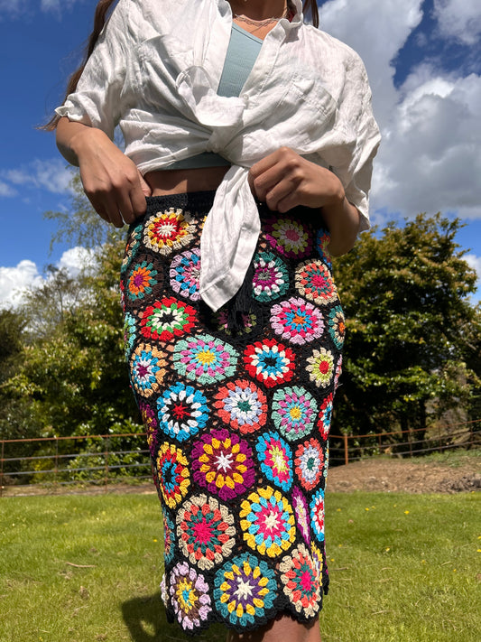 Midi Meadow Black Floral Crochet Skirt