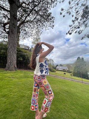 Granny square flare trousers with drawstring waist