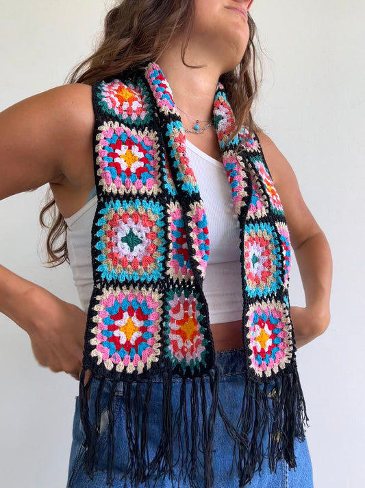 Granny Square crochet mini scarf with tassels