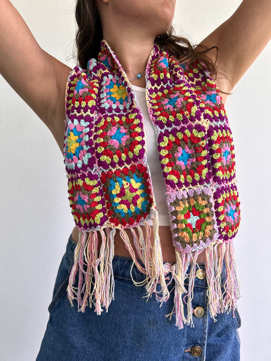 Granny Square crochet mini scarf with tassels