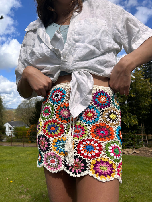 Mini Meadow White Floral Crochet Skirt