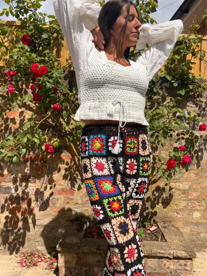 Black Granny square flare trousers with drawstring waist L/XL