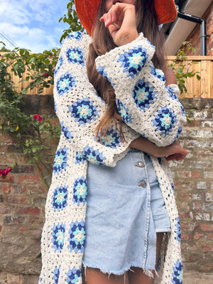 Milos White & Blue maxi crochet cardigan with tassels (one size)