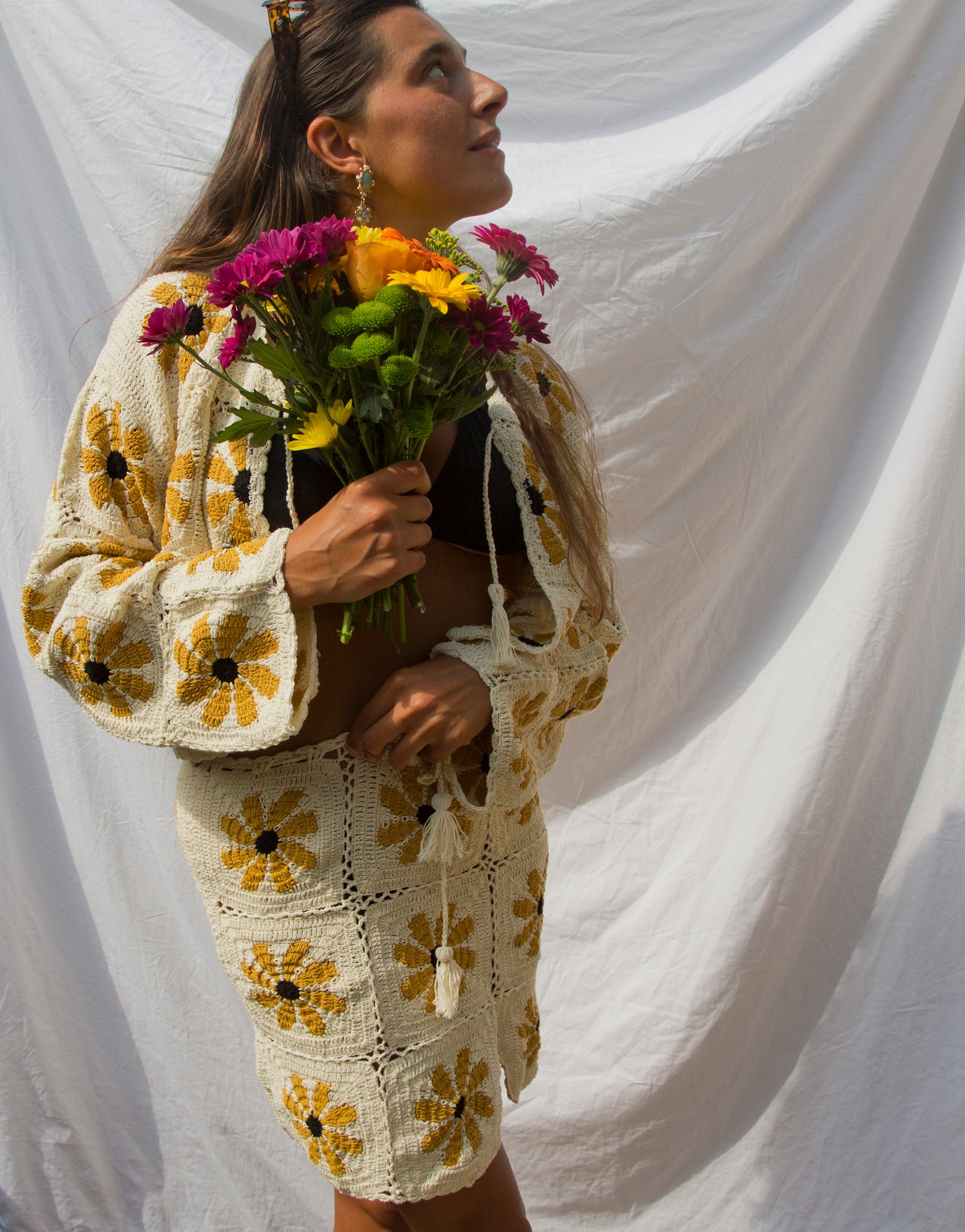 Retro Flower Power in Cream Crochet Cardigan