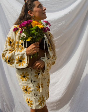 Retro Flower Power in Cream Crochet Cardigan