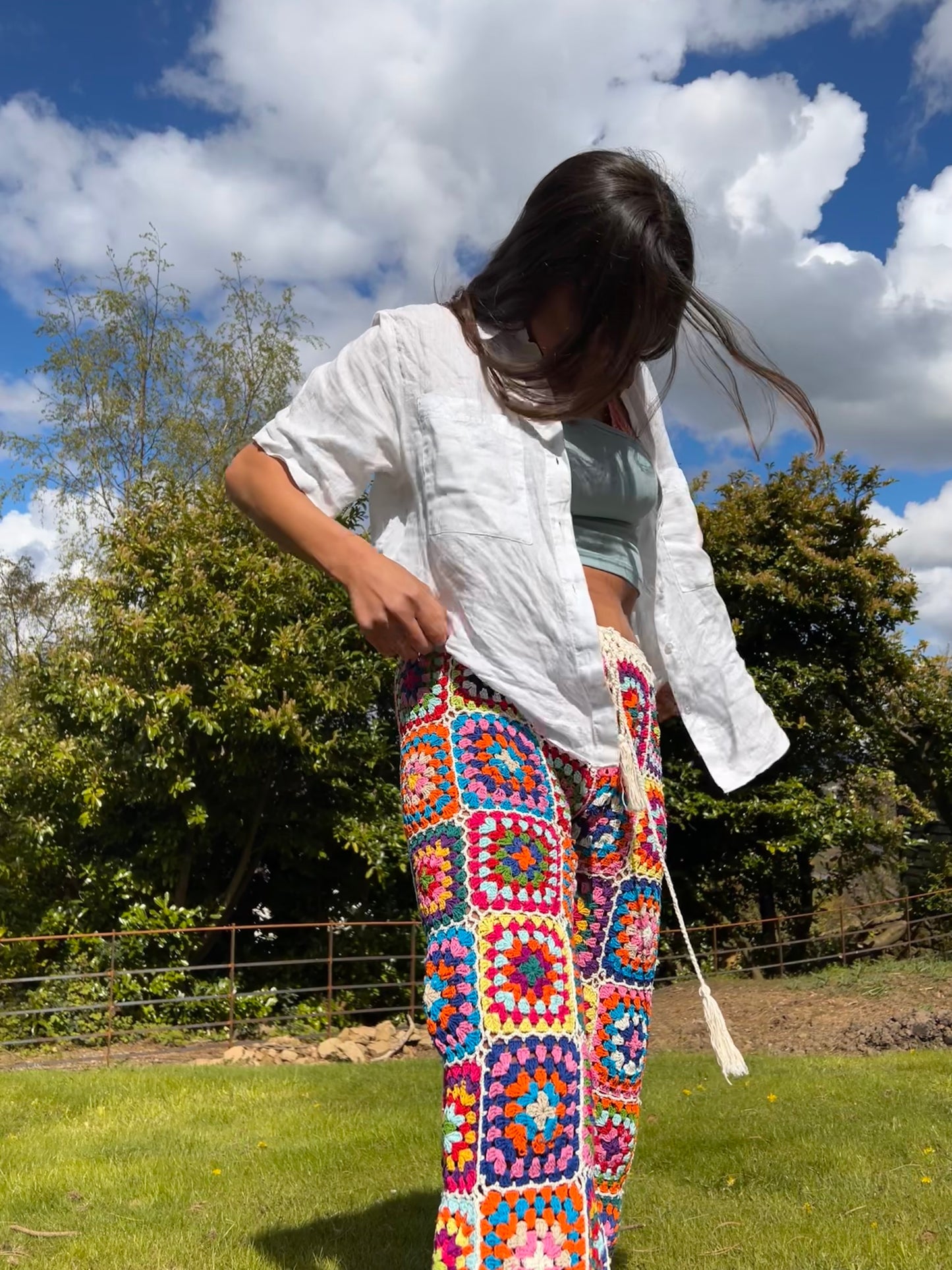 Granny square flare trousers with drawstring waist