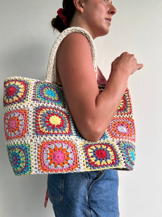 Crochet wicker tote beach bag (rounder)