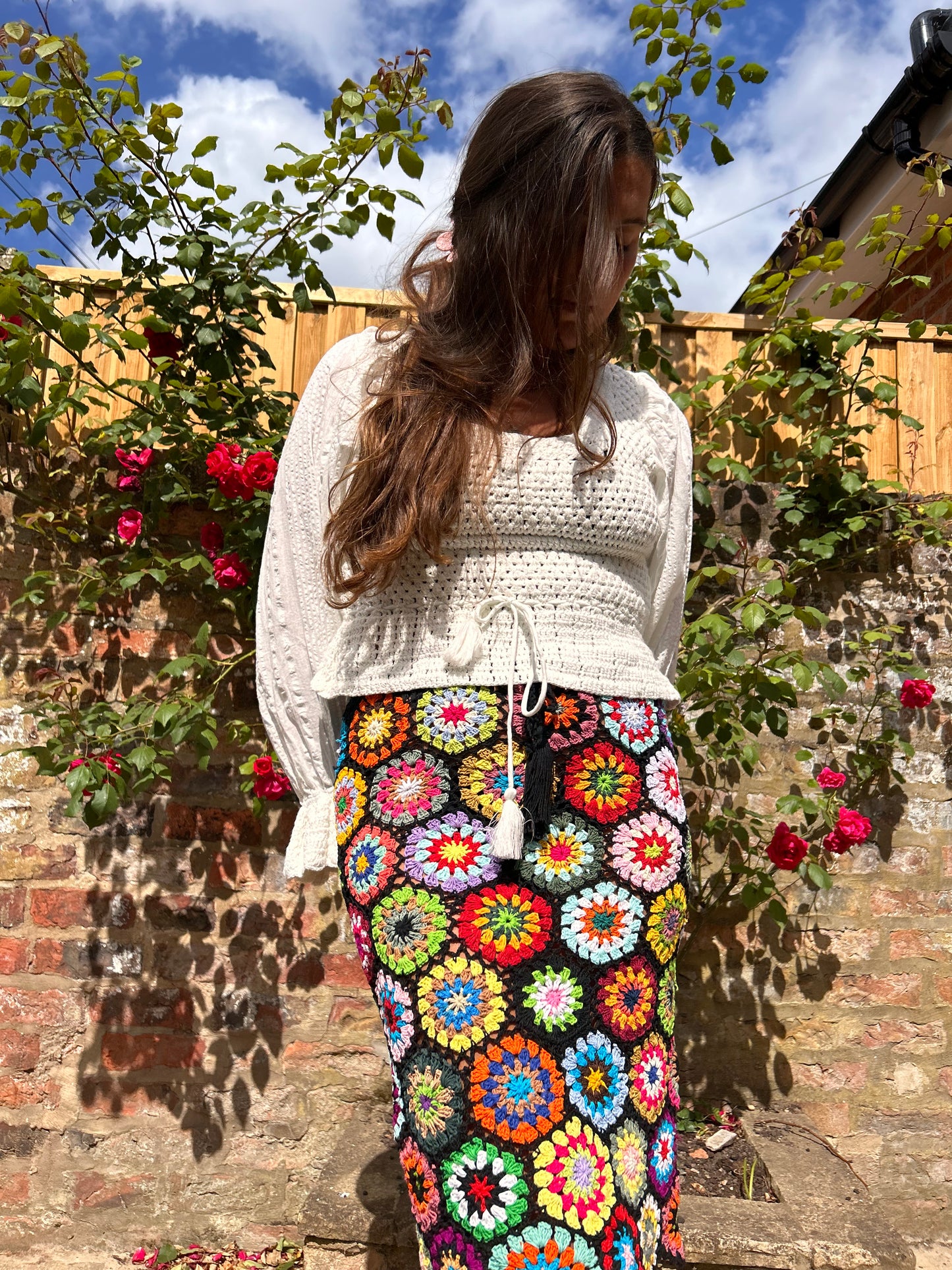 Midi Meadow in Black Floral Crochet Skirt