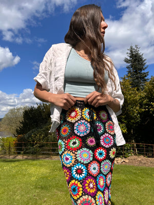 Midi Meadow Black Floral Crochet Skirt