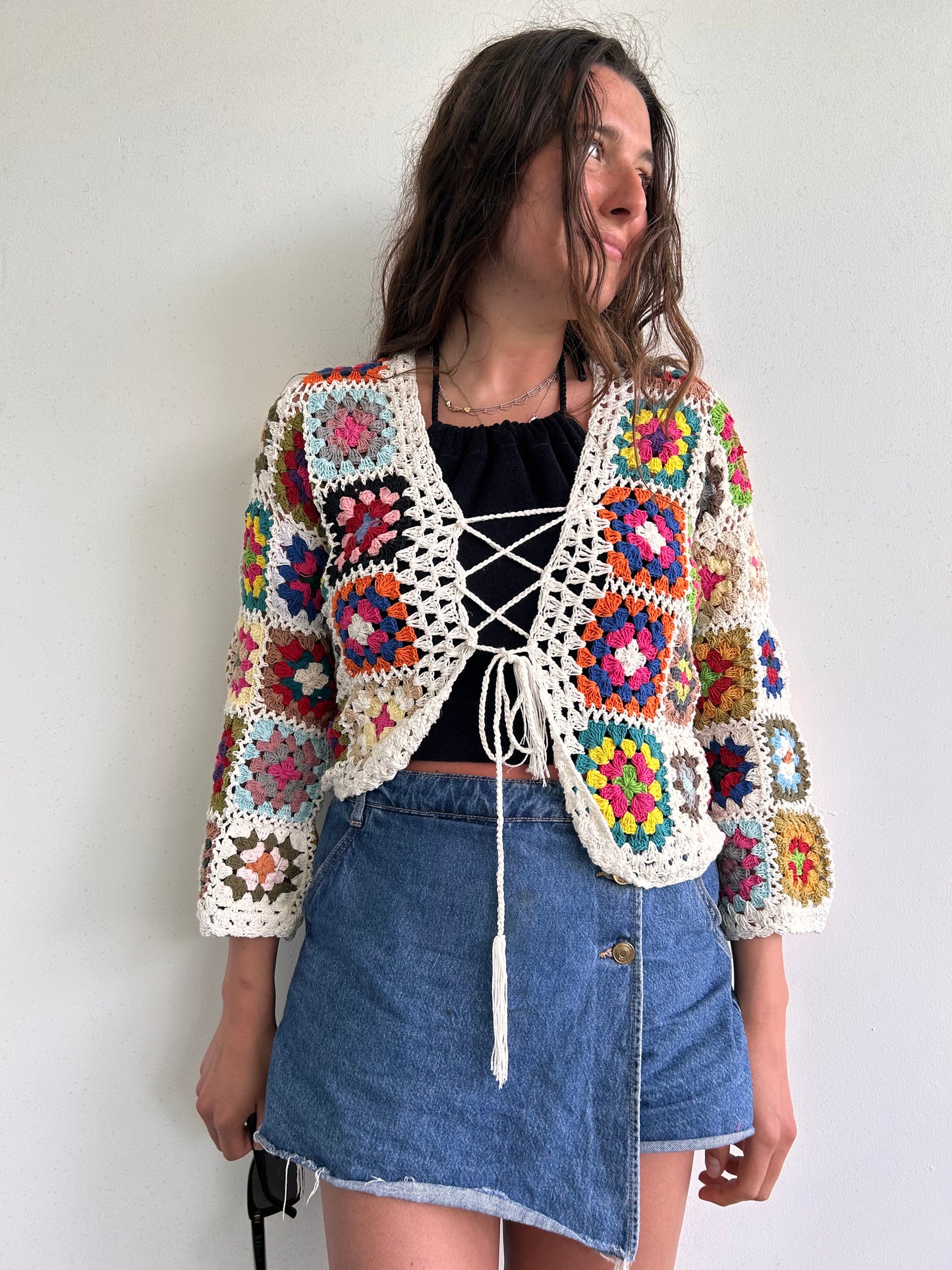 White granny square crochet cardigan with tassel tie