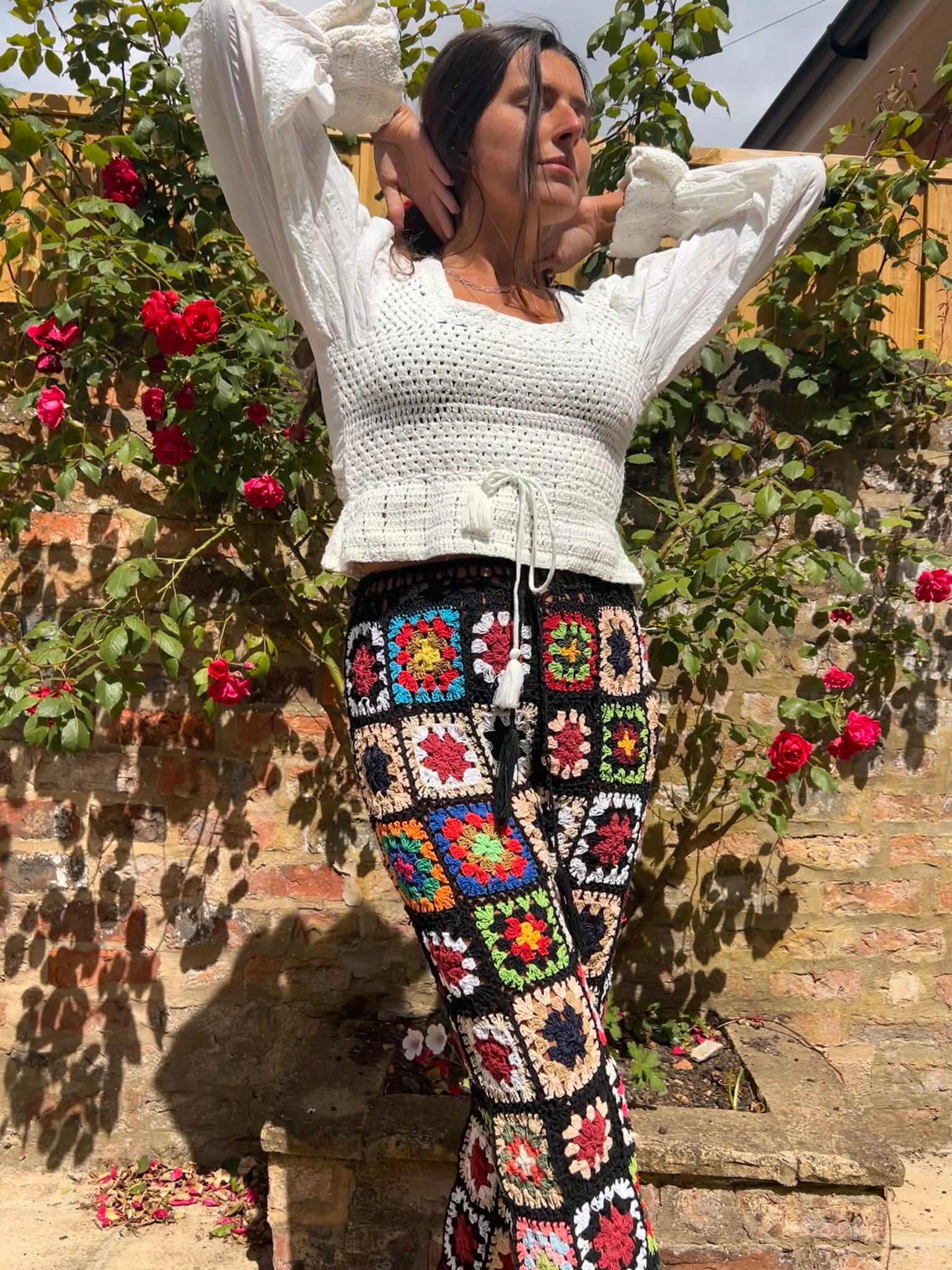 Black Granny square flare trousers with drawstring waist L/XL