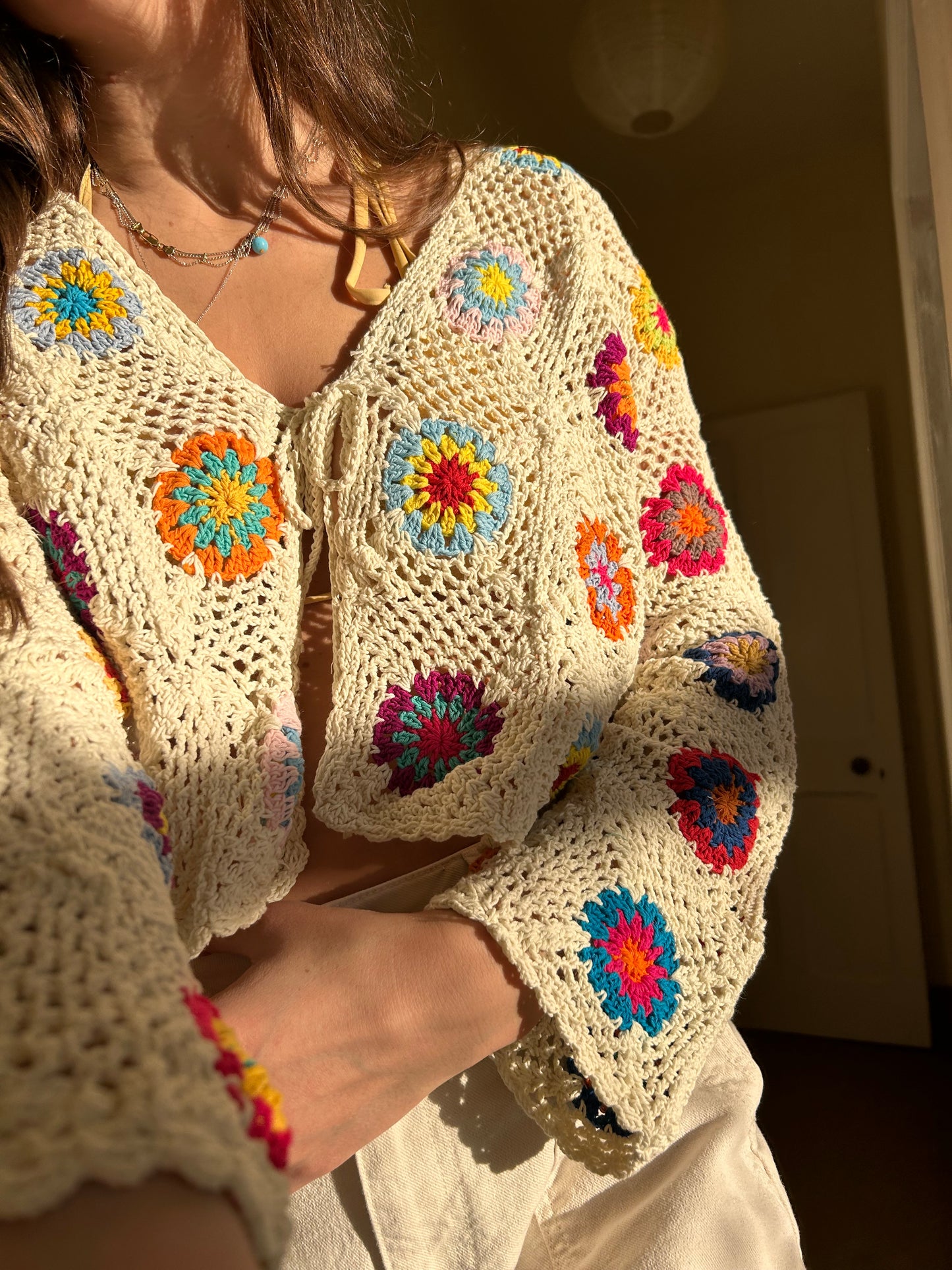 Cupid Granny Square Crochet Cardigan with tassel tie