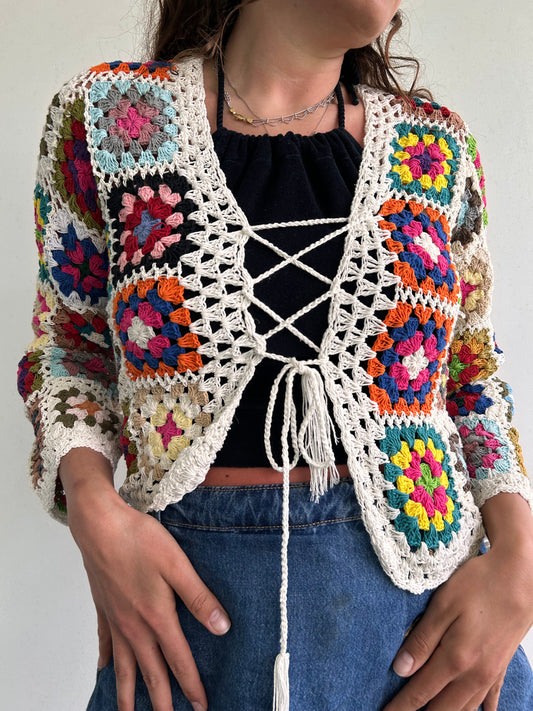 White granny square crochet cardigan with tassel tie