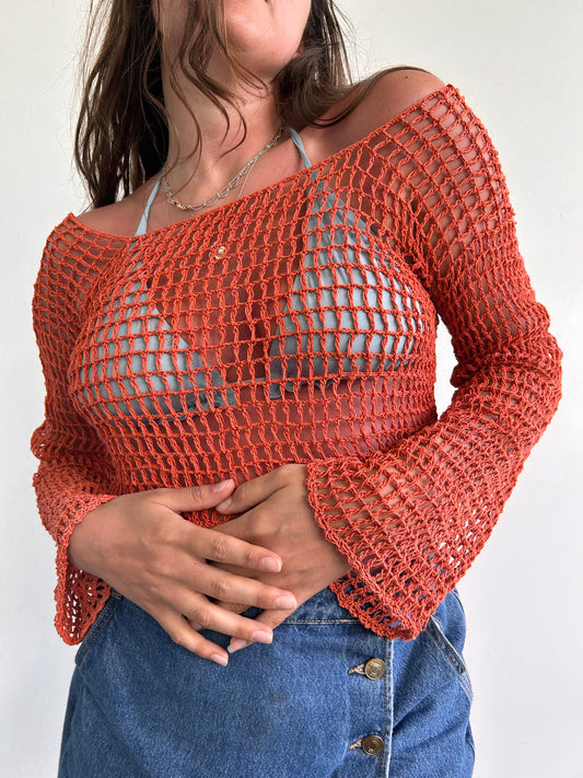 Burnt orange mesh crochet flare sleeve long sleeve top (M/L)