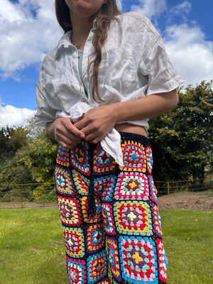 Black Granny square flare trousers with drawstring waist