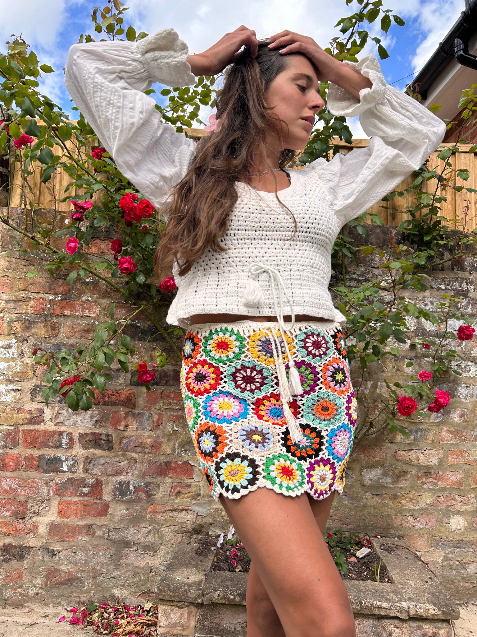 Mini Meadow White Floral Crochet Skirt