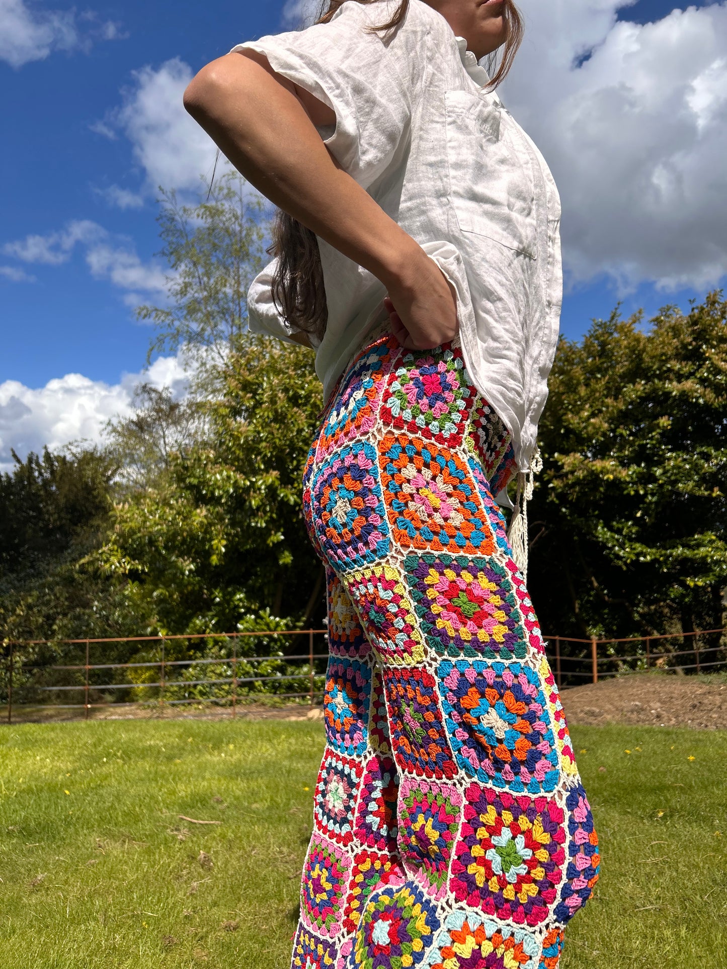 Granny square flare trousers with drawstring waist