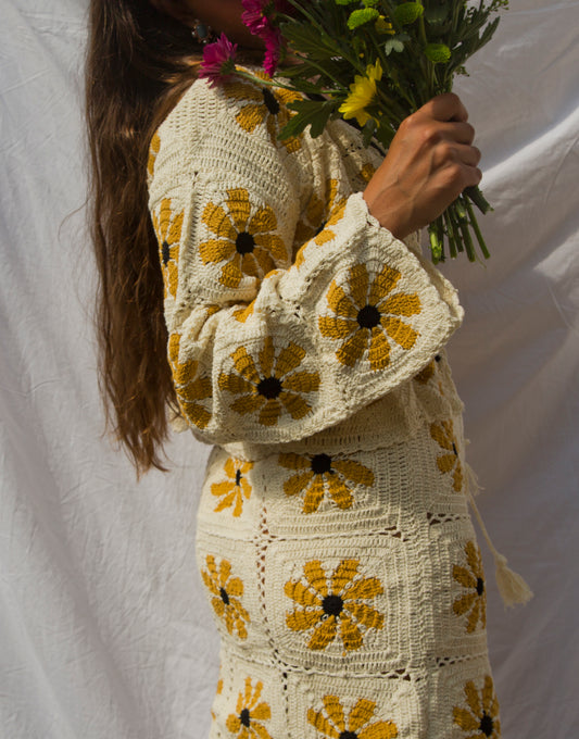 Retro Flower Power in Cream Crochet Cardigan