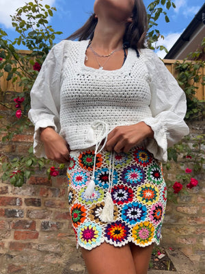 Mini Meadow White Floral Crochet Skirt