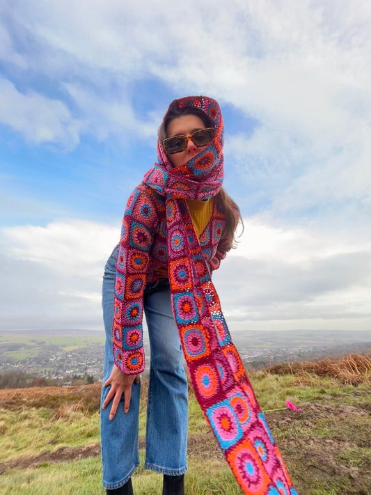 Cosmos Deep Purple Crochet Blanket Scarf with Tassels