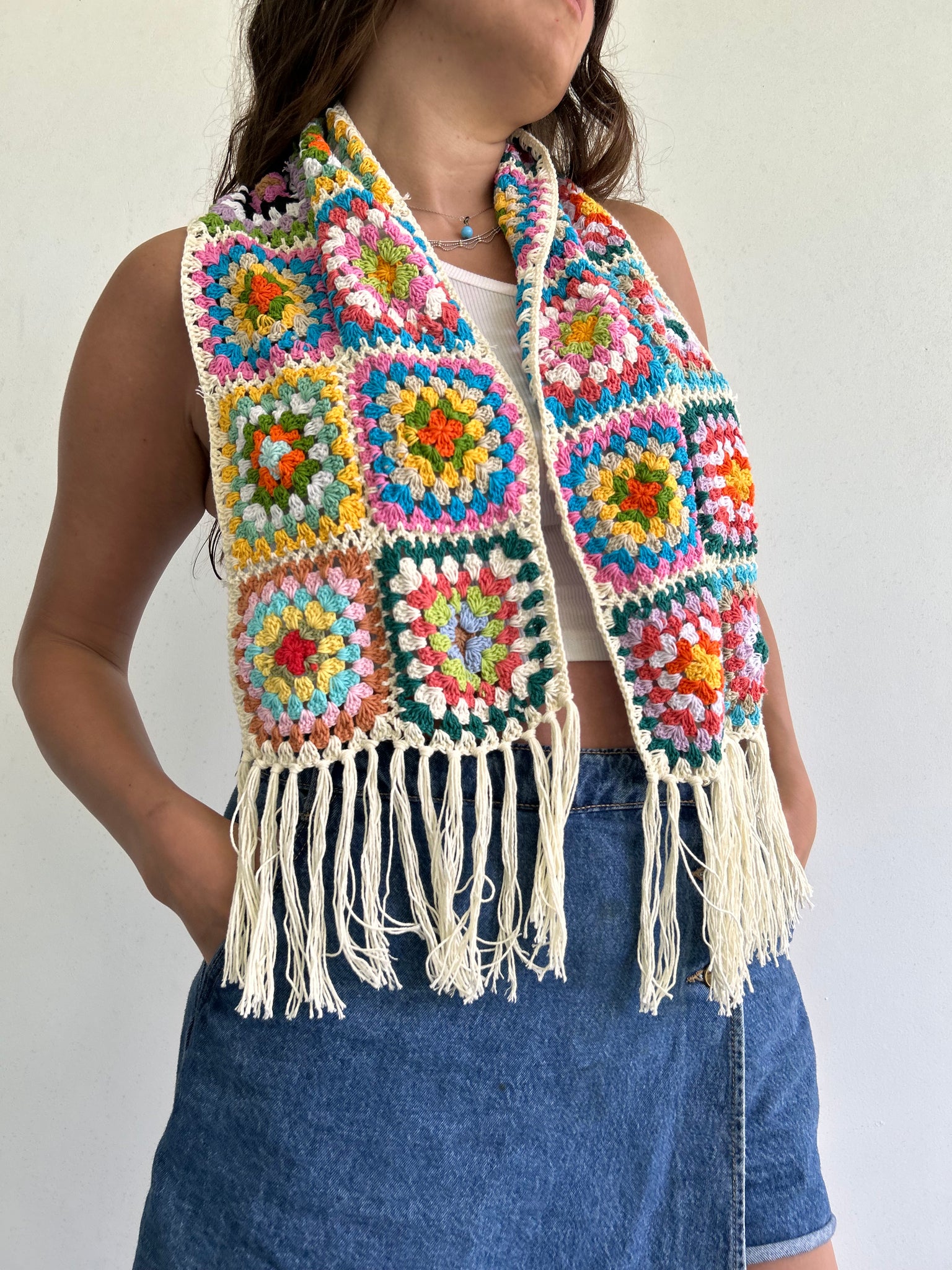 Granny Square crochet mini scarf with tassels