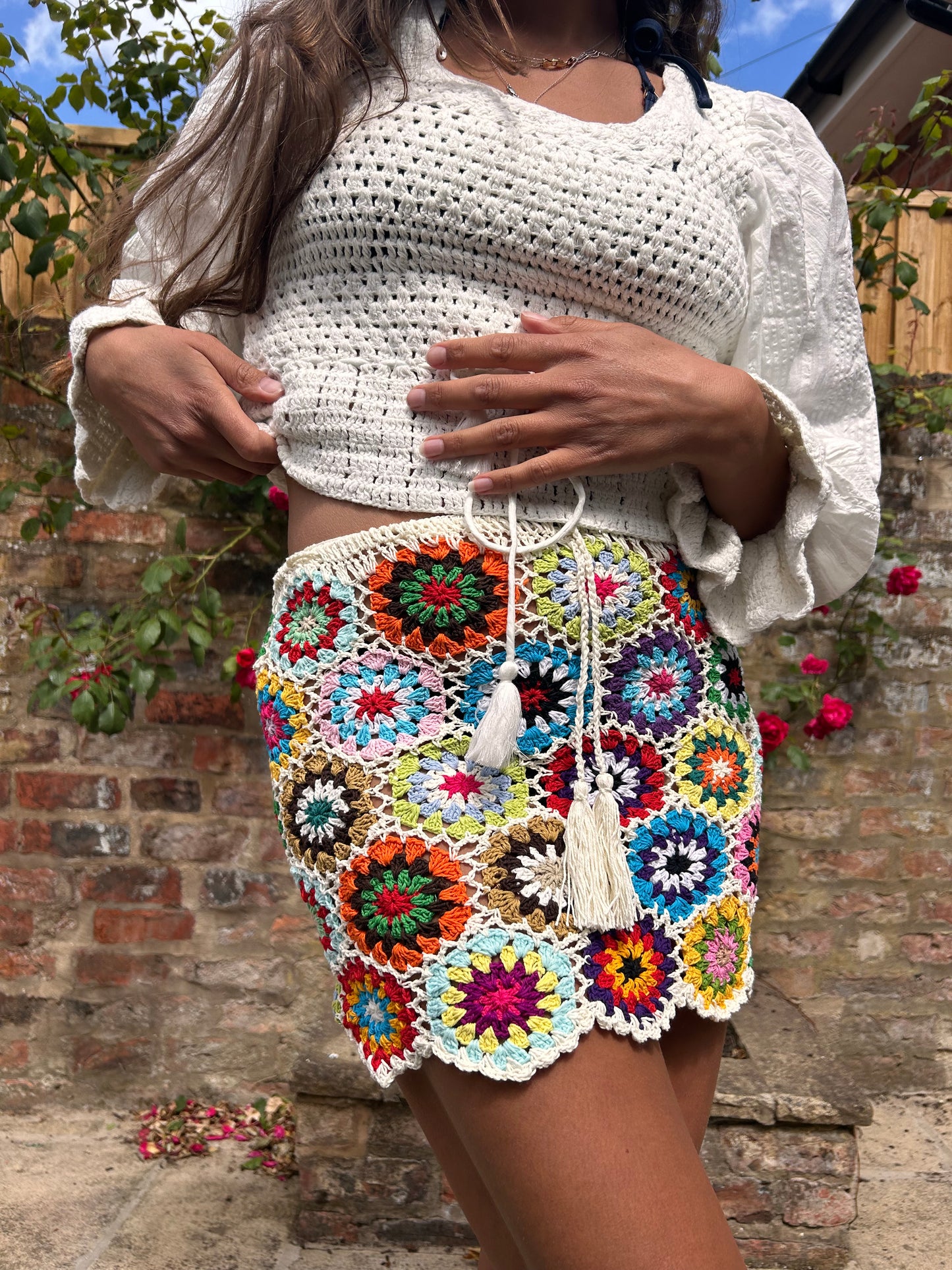 Mini Meadow White Floral Crochet Skirt