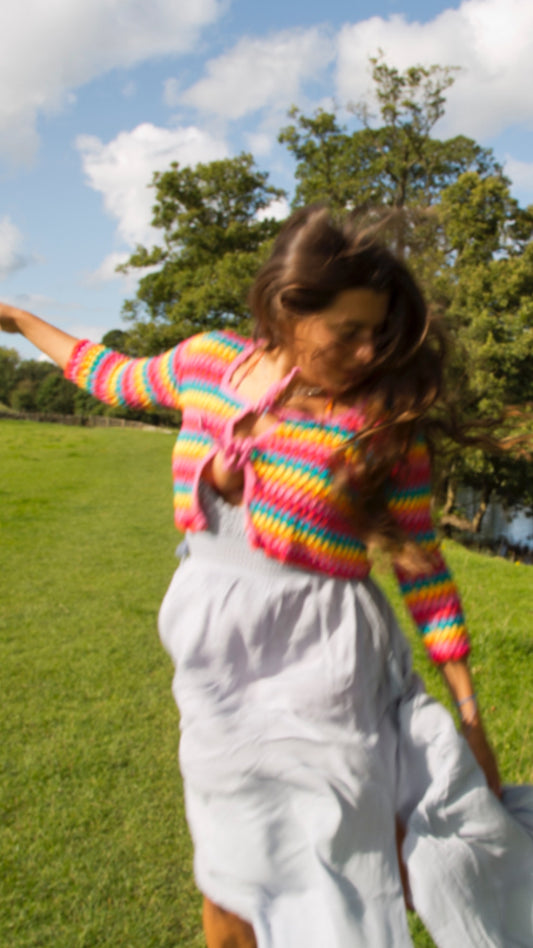 Rainbow Dreamer Crochet Cardigan with tassel tie